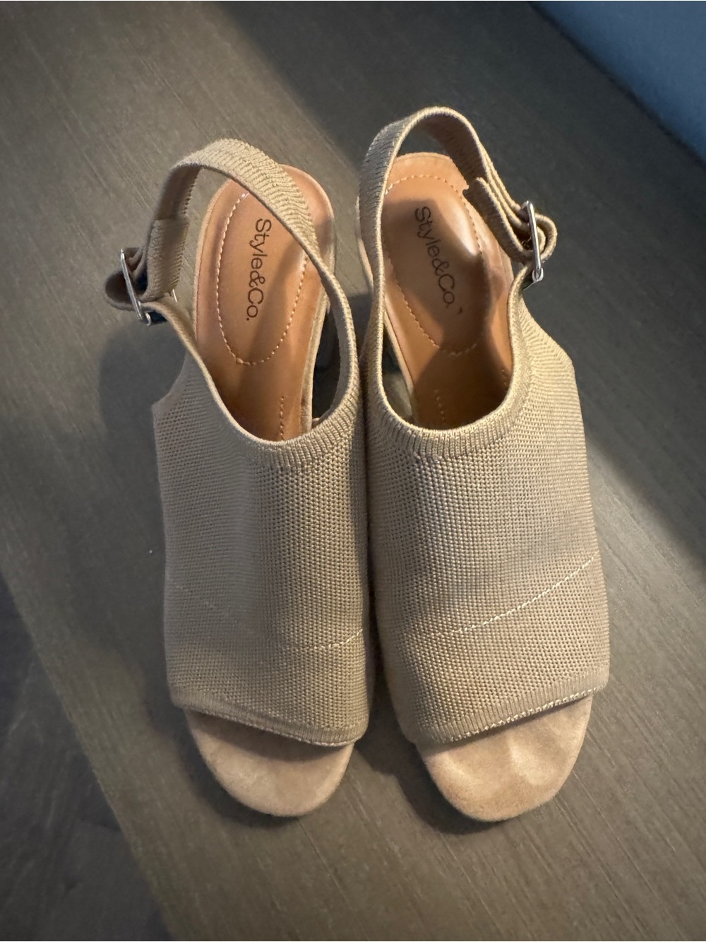Style & Co. Beige Knit Slingback Peep-Toe Wedges